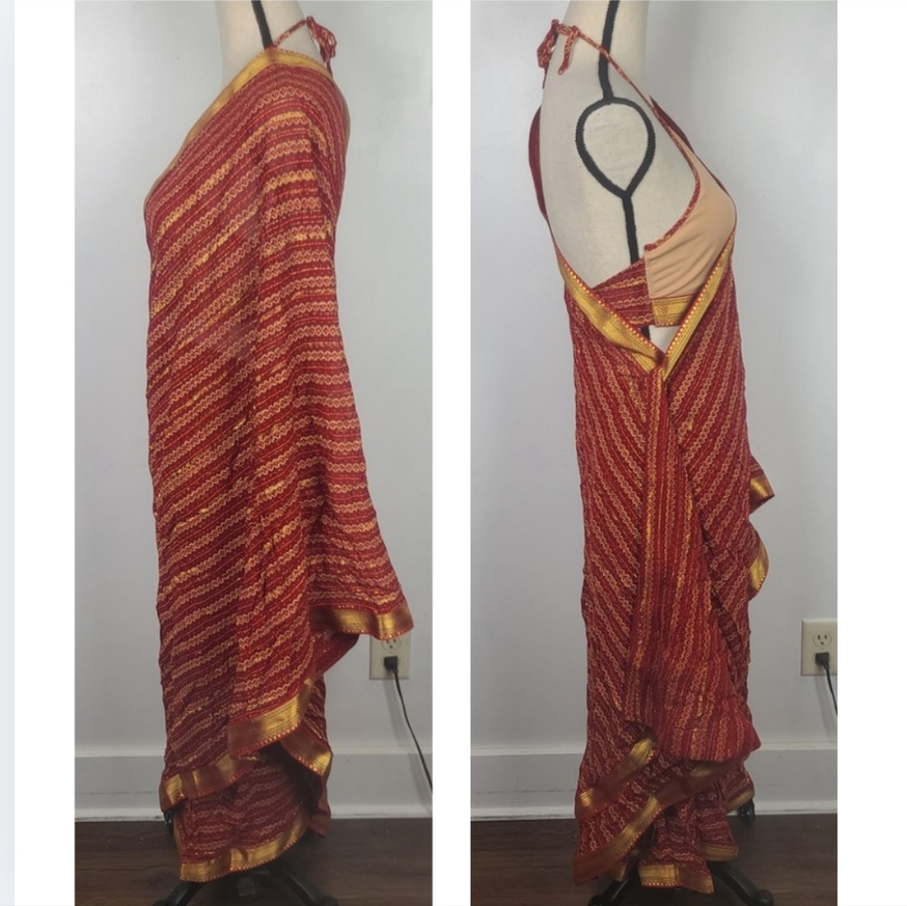 Red Sari Saree Skirt & Running Blouse Border Leheriya Print Regular Wear S - Picture 5 of 16